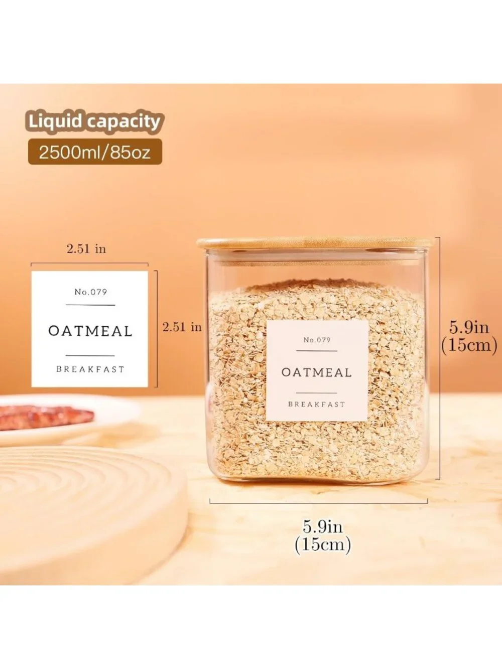 2 Pack Large Airtight Glass Storage Jars with Bamboo Lids & 132 Pantry Labels